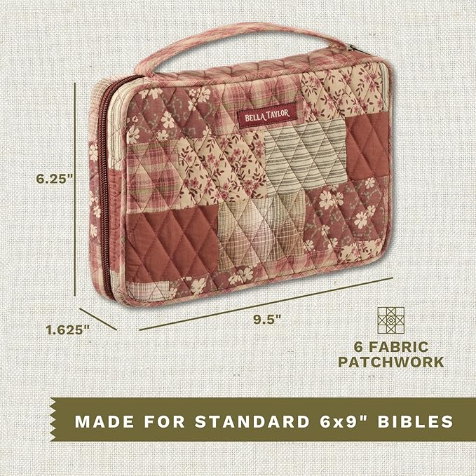 Bella Taylor Small Bible Cover for Women - Quilted Cotton Bible Case for 6 x 9 inch Books - Burgundy Patch
