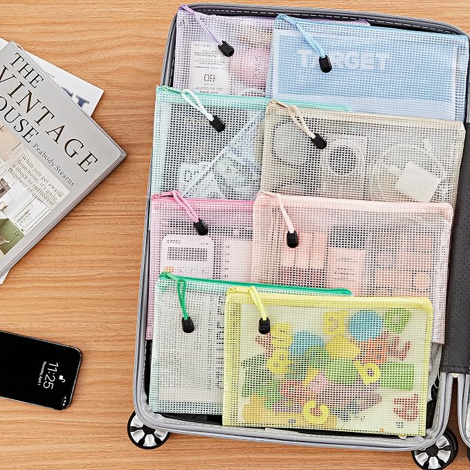JARLINK 16pcs Mesh Zipper Pouch for Organizing, A5 Size Waterproof Zipper Storage Bags, 8 Colors Plastic file Pouch, Multipurpose for Travel, School, Board Game, Puzzles, Office, and Home Organize