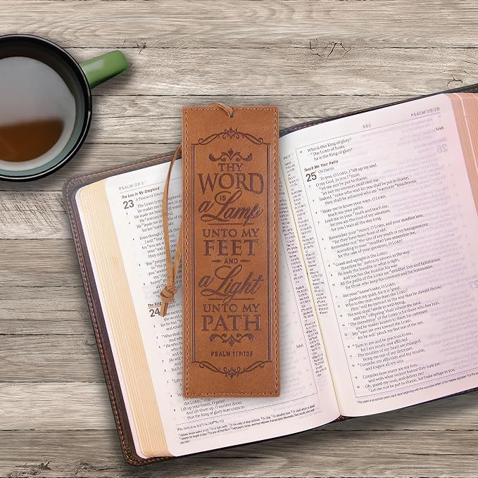 Christian Art Gifts Vegan Faux Leather Scripture Bookmark for Men & Women: Thy Word is A Lamp - Psalm 119:105 Inspirational Bible Verse, Heat-Debossed, Faith-Based Reading Accessory with Cord, Brown
