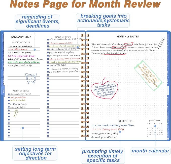 2026-2027 Monthly Planner 7.4'' x 9.6'', 18 Months Jul 2026–Dec 2027, Academic Agenda with Pocket, 120GSM Thick Paper, Waterproof PP Cover, Twin-Wire Binding, Blue