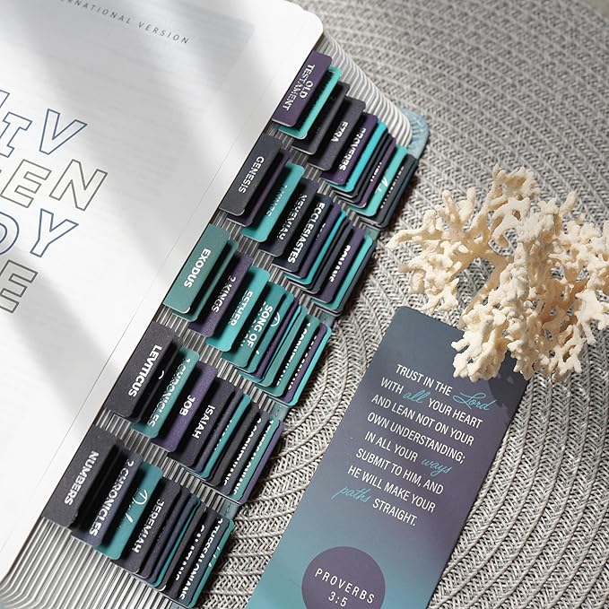 Bible Book Tabs, 100 Silver, Soft-Touch, Laminated Bible Tabs for Study Bible, Durable Tabs for Bible, Protestant & Catholic Bible Tabs Large Print, Purple & Blue Bible Tabs for Women & Men