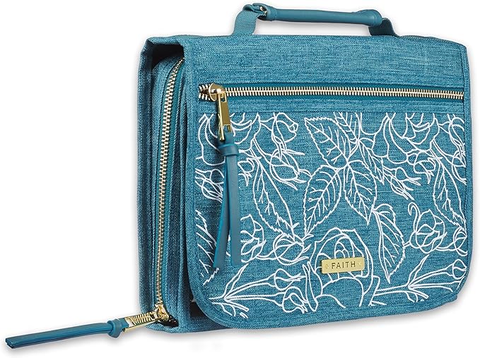 Christian Art Gifts Faith Badge Floral Women's Tri-Fold Organizer Bible Cover Zipper Closure, Teal Canvas, Large