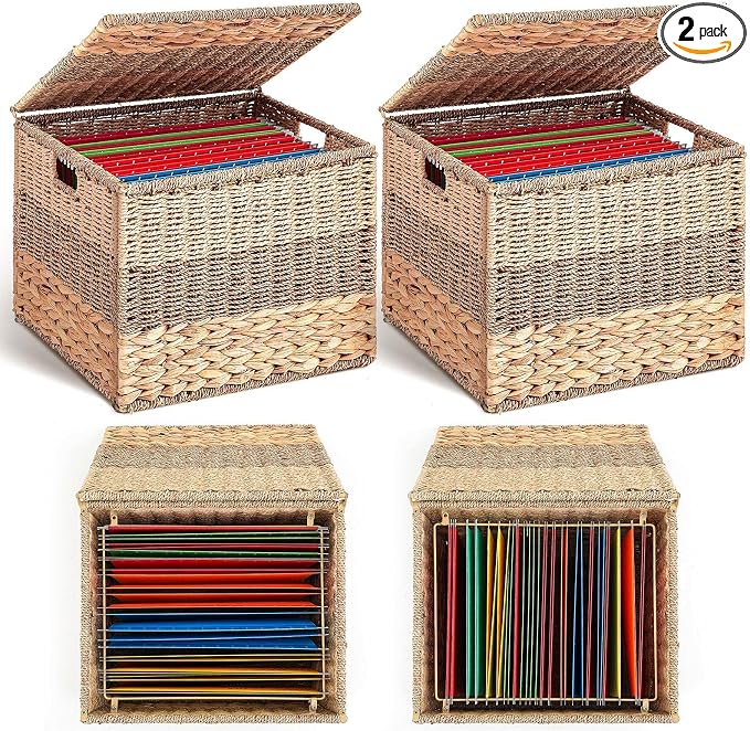 2pcs Large Decorative File Box 18 x 15 x 14 in Seagrass Hanging Organizer for Letter & Legal Size File Basket Hand Woven Filing Cabinet with Lid Collapsible Box for Home Office Decor, Water Hyacinth