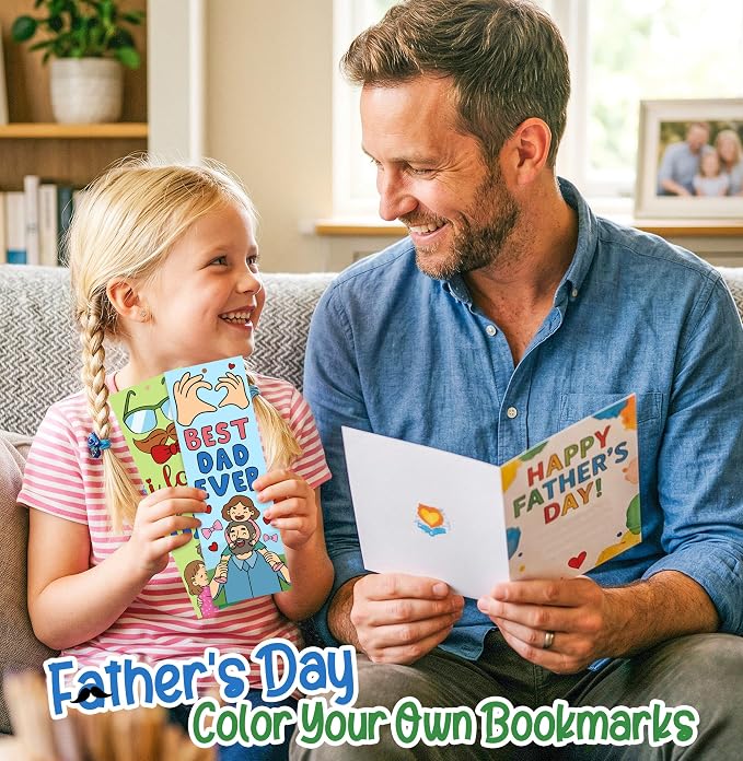 100 Pcs Father's Day Color Your Own Bookmarks for Kids, Bulk Dad DIY Coloring Blank Bookmarks with Ribbons, School Classroom Home Art Crafts Kits Activity, Happy Father's Day Gifts from Daughter Son