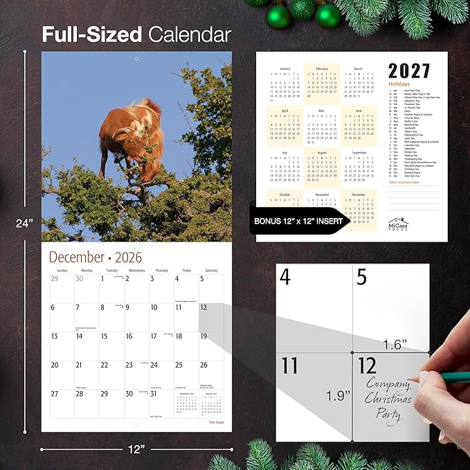 MICASA PRESS Tree Goats 2026 Wall Calendar 12 Month | 12” x 24” Open | Thick & Sturdy Paper | Giftable | Funny Animal Calendar 2026