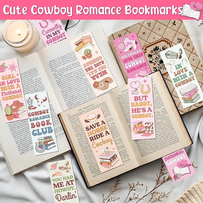 Laffact Cowboy Romance Reader Bookmarks - 240Pcs Valentine's Day Cowboy Western Book Club Reading Tracker, Pink Cowboys Hat and Boots Bookish Gifts Reading Accessories for Book Lover Romance Reader