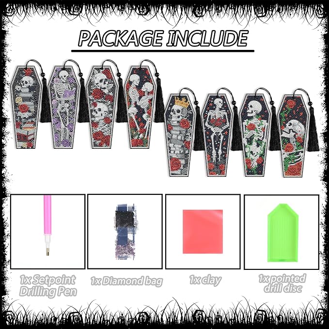 8 Pcs Gothic Skeleton Diamond Art Bookmarks Kit, Skull Halloween Diamond Painting Bookmarks with Tassels for Adults, DIY Horror Book Mark Craft Set for Women Men Reading Lovers