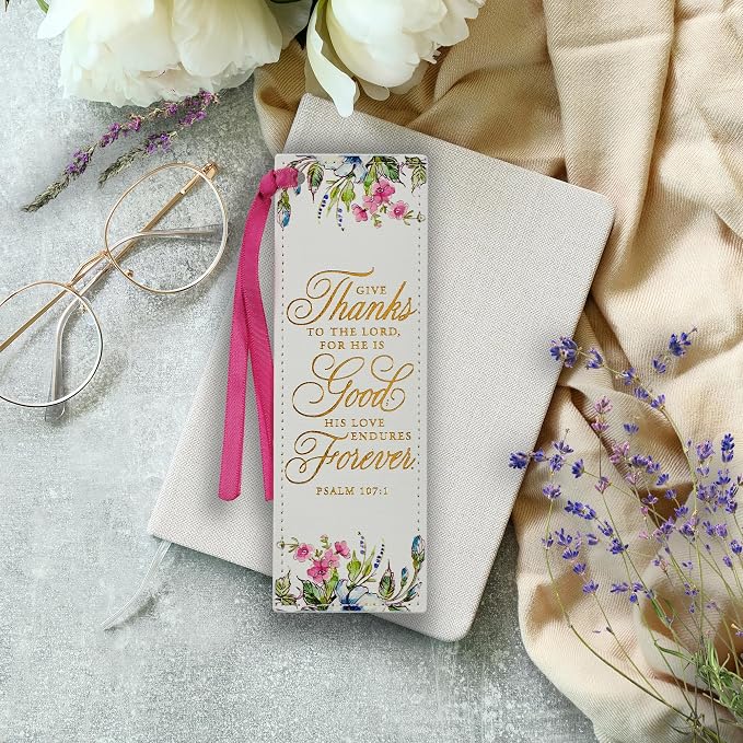 Christian Art Gifts Premium Vegan Leather Scripture Bookmark for Woman: Give Thanks - Psalm 107:1 Inspirational Bible Verse, Pink Satin Ribbon, Reading Accessory, Books, Bibles, White Floral with Gold