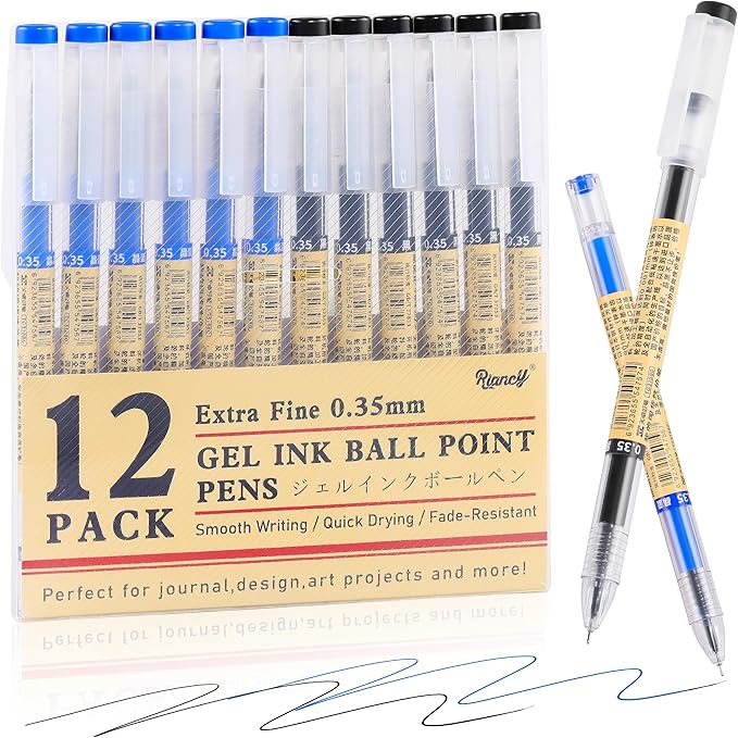 RIANCY 12 Pack Gel Ink Pens (6 Black + 6 Blue), 0.35mm Extra Fine Point Tip, Japanese Style Stationery Quick Dry No Smear No Bleed, Smooth Writing Pen for Journaling Note Taking Office School Supplies