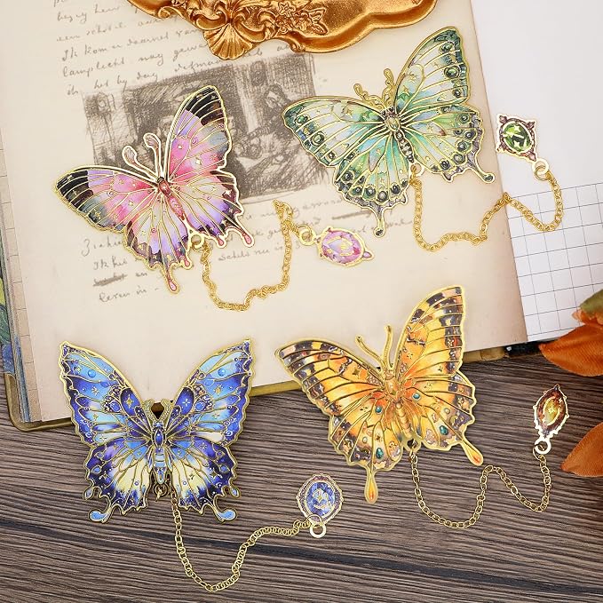 4pcs Butterfly Bookmarks for Women, Aesthetic Vintage Metal Bookmarks with Chain for Reading Women, Book Lovers, Unique Gold Butterflies Book Markers Gifts