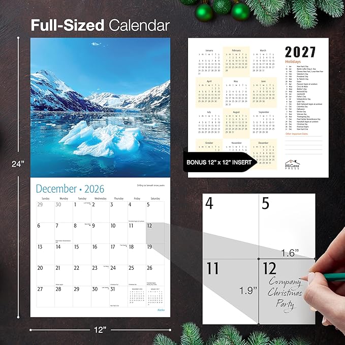 MICASA PRESS Alaska 2026 Wall Calendar 12 Month | 12" x 24" Open | Thick & Sturdy Paper | Holiday Gift | Travel Calendar 2026