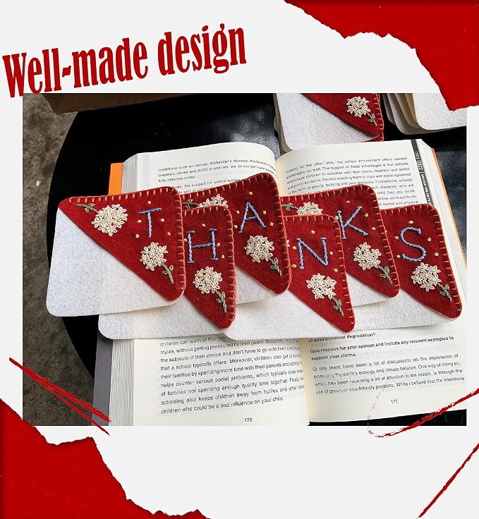 Personalized Hand Embroidered Corner Bookmark, Bookmarks for Women, Personalized Bookmark for Books, Cute Flower Book Mark, Hand Stitch Gift for Women for Book Lovers by HNQCPCVU (M, RED)