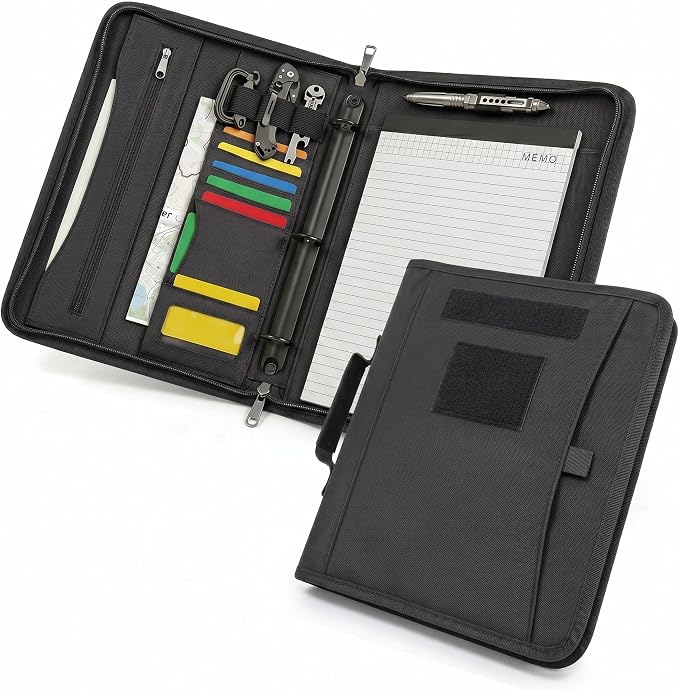 Tactical Notebook Cover, A4 Padfolio with Detachable 3-Ring Ring Binder, Multi-Pocket Organizer & Hand Strap, Zippered Hardcase Planner (Black, A4(13.8 x 12 inches))