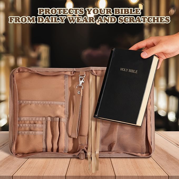 Vintage Bible Cover Case, Genuine PU Leather Large Bag with Handle & Zippered Pocket, Elegant Floral Pattern, for Standard Size & Bible Accessories, Ideal Gift for Women Families Faith Lovers