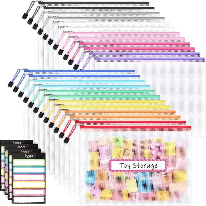 Sooez 24 Pack Mesh Zipper Pouch with Sticky Labels, A4 Mesh Bags, Sturdy Letter Size File Folders Organizer, Office School Classroom Teacher Supplies, Toy Storage Bag Board Game Puzzles Organization