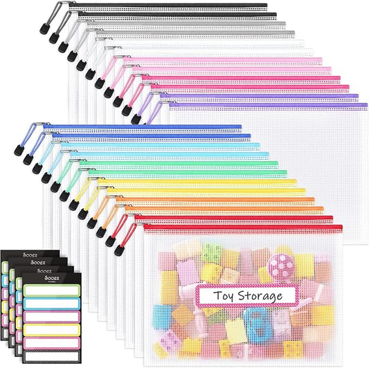 Sooez 24 Pack Mesh Zipper Pouch with Sticky Labels, A4 Mesh Bags, Sturdy Letter Size File Folders Organizer, Office School Classroom Teacher Supplies, Toy Storage Bag Board Game Puzzles Organization