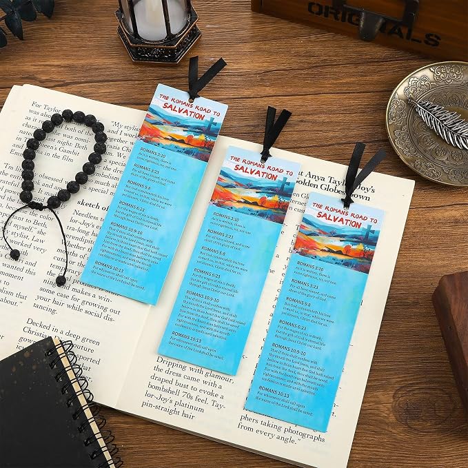 50 PCS Romans Road to Salvation Bookmarks King James Version Translation Romans Road Bookmark Cards Roman's Road to Salvation Bookmarks with 50 PCS Hanging Strings 6 x 2 Inches