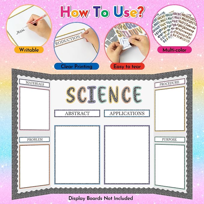 WATINC Composition Science Fair Board Supplies - 96Pcs Self Adhesive Science Fair Project Set with 8 Letter Sticker 10 Presentation Subtitles, Bulletin Border Poster Decor for School Classroom (Grey)