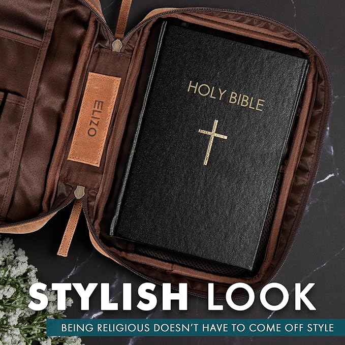 ELIZO Leather Bible Cover for Men Bible Case for Women Zippered Holder Protector Cross Church Tote Bag Carrying Organizer Sleeve Gift Study Saddle