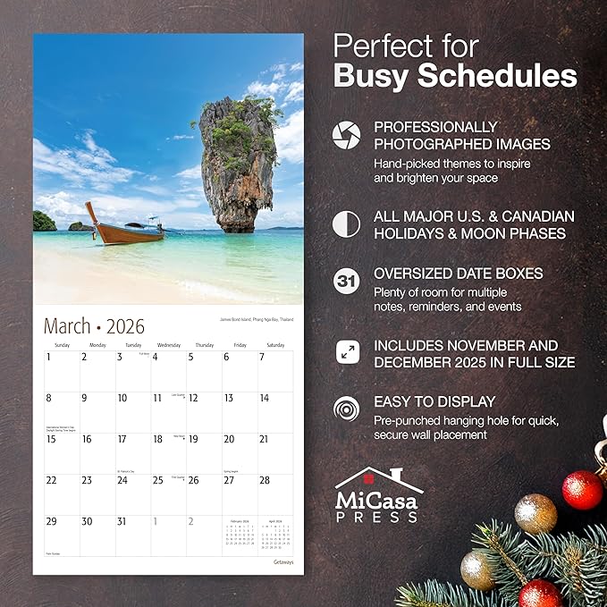 MICASA PRESS Getaways 2026 Wall Calendar 12 Month | 12" x 24" Open | Thick & Sturdy Paper | Giftable | Travel Calendar 2026