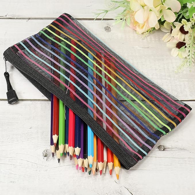 MECCANIXITY Mesh Zipper Pouches, B6 Colorful Pencil Case Document File Bags Storage Organizer for Office Supply Travel Accessory, Black Pack of 6