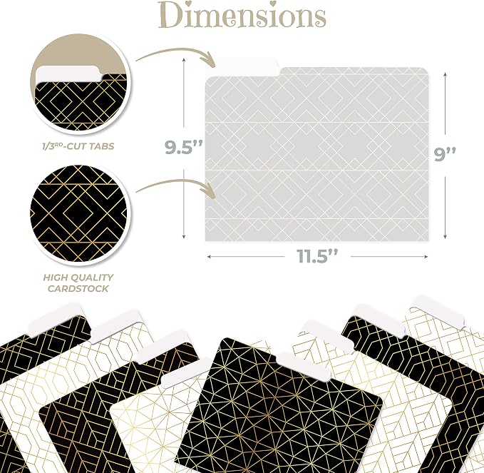 Better Office Products Decorative File Folders, 24 Pack, 8 Designs (4 Black & 4 White) Heavyweight, Letter Size (9.5" x 11.5") with 1/3 Cut Tab, Geometric Gold Foil Designs, Fashion Folders