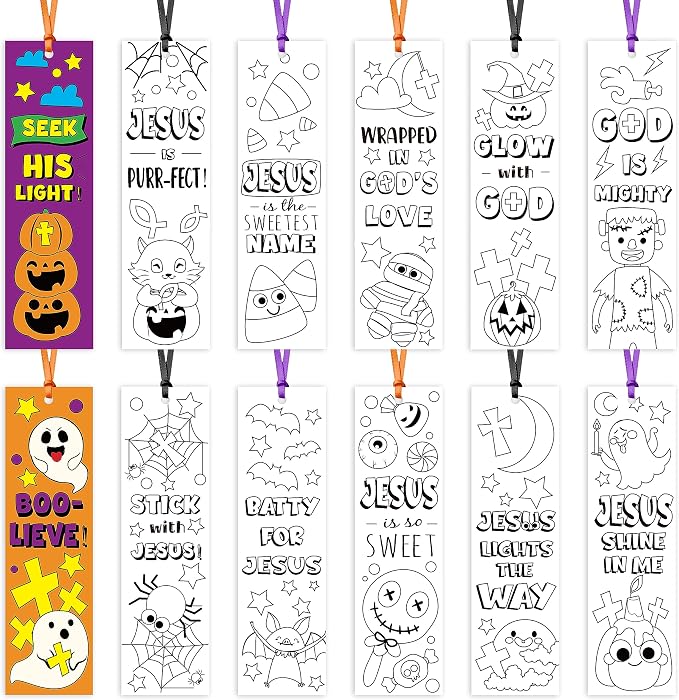 75Pcs Halloween Color Your Own Bookmarks for Kids Christian Theme DIY Coloring Blank Bookmark Classroom Art Craft Supplies for Teacher Student Fall Halloween Trick or Treat Party Reward Goodie Fillers