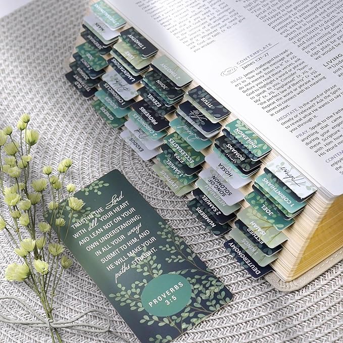 Book Bible Tabs – 100 Soft-Touch, Laminated Bible Tabs for Holy Bible – Durable Tabs for Bible – Protestant & Catholic Bible Tabs Large Print – Green & Blue Bible Tabs for Women & Men