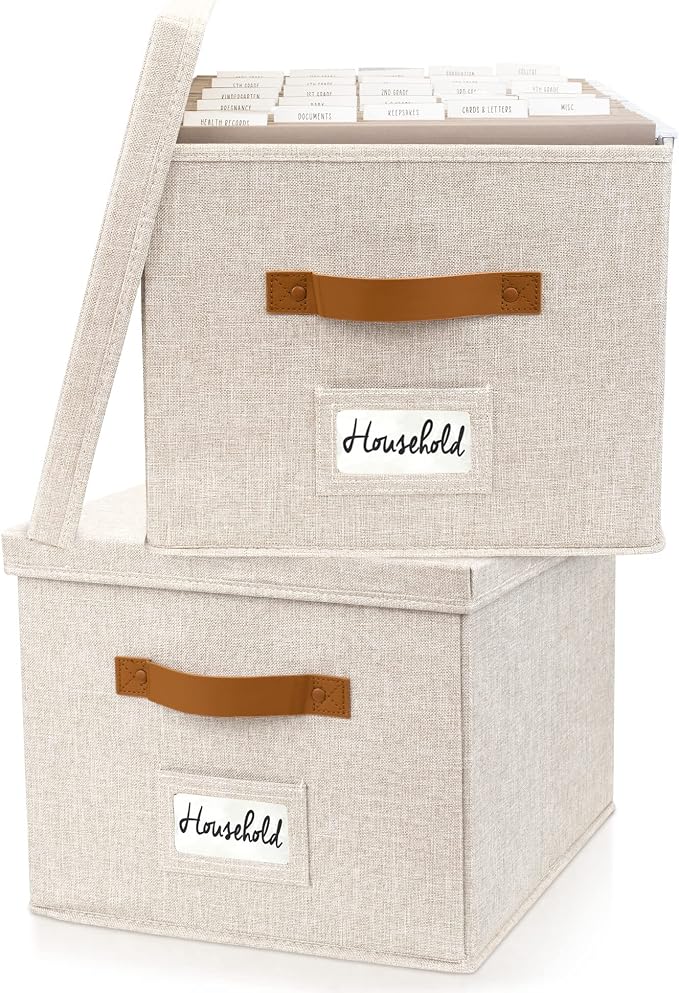 Decorative File Organizer Box Set of 2 - Collapsible Linen Filing Cabinets with Handles Are Perfect to Store All Your Documents & Hanging File Folders - Portable Easy Slide Office Crates with Lid