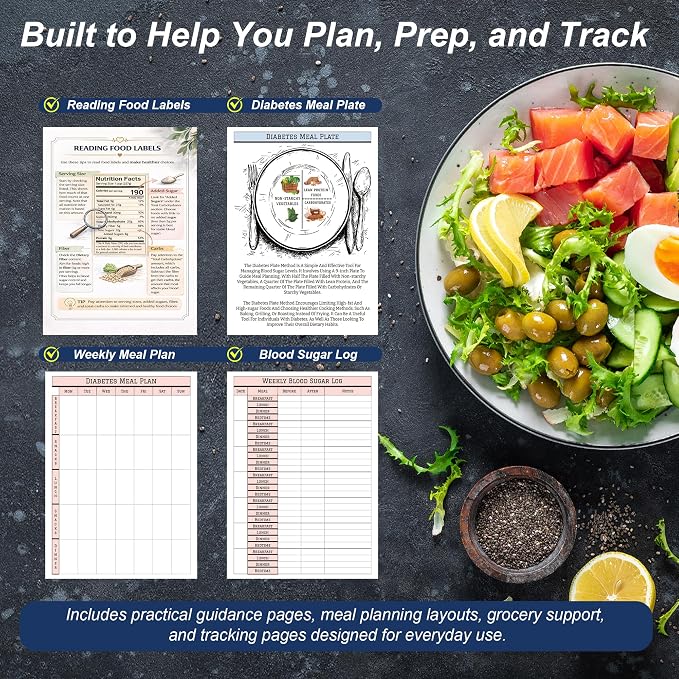Diabetes Meal Planner & Cookbook for Beginners, Spiral Bound for Type 2 Diabetes with 128 Recipes, Weekly Meal Plans, Grocery Lists, Waterproof PVC Protective Cover, 100 GSM No-Bleed Recyclable Paper