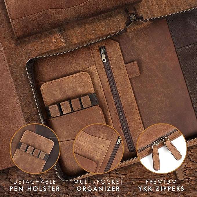 ELIZO Leather A5 Portfolio Padfolio Folio A5 Notebook Journal Cover Planner Binder Small Mens Business Work Folder Organizer (Saddle)