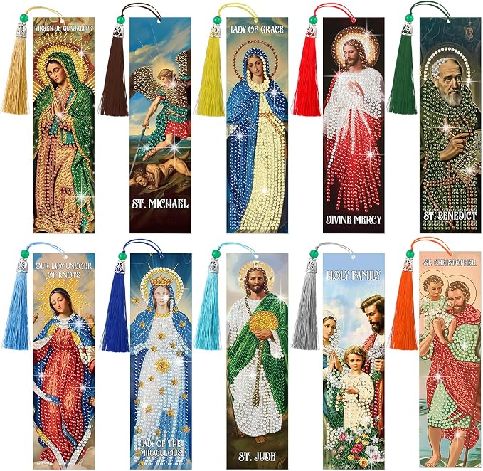 Sinload 10 Pcs Christian Diamond Art Bookmark for Adults Catholic Saint Diamond Bookmarks with Tassel 5d Jesus Virgin Mary Diamonds Painting Book Mark for Reading Lover DIY Crafts Religious Gift