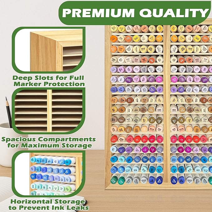 PROLEE Marker Organizer for 224 Markers,Wooden Marker Holder with 32 Slots, Pens Pencils Art Supply Alcohol Markers Storage Organizer for Desk Home Classroom Office Decor(Natural,15“x11”x5.2 “)
