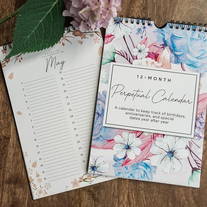 Perpetual Floral Wall Calendar for Birthdays and Anniversaries -12 Months - Dates to Remember Book - Journal for Important & Special Days - Wall Hanging Date Organizer 6 x 9 inches
