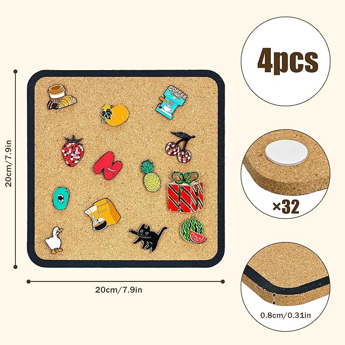 4pcs Rounded Square Pin Display Cork Board - 7.9x7.9 inch Enamel Pin Board for Brooch and Pin Collection Display, Ideal for Home, Office and School Decor