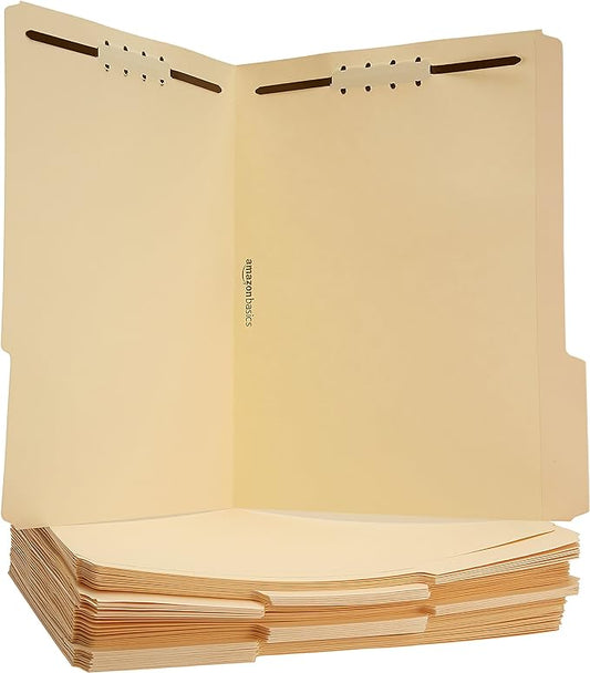 Amazon Basics Manila File Folders with Fasteners, 1/3 Cut Reinforced Tab, Letter Size, Expandable, Document Organizer, Beige, 50-Pack