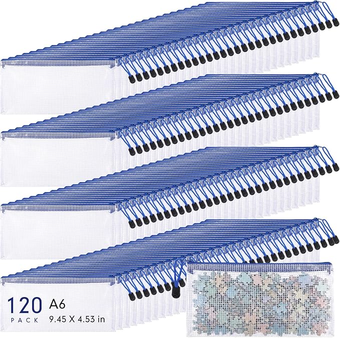 Sherr 120 Pcs Mesh Zipper Pouch A6 Pencil Pouches Bulk Small Clear Mesh Bags with Zipper 9.45'' x 4.53'' Waterproof File Bag Pencil Case for School Office Travel Organization(Blue)