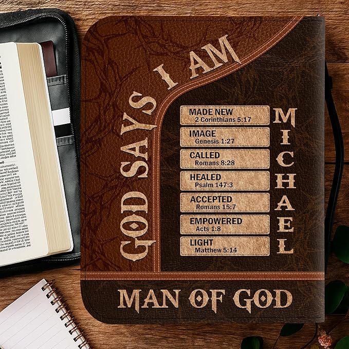 Personalized Man of God Bible Cover, God Says I Am Bible Case PU Leather, Bible Holder Handle Zipper, Faith Scripture with Name Case Bag, Religious Gifts for Church Christians Women Men