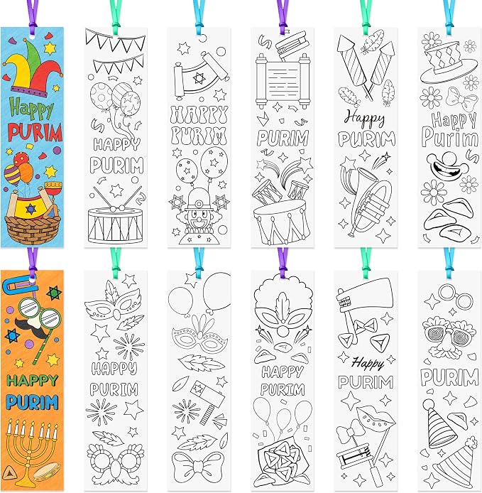 ANGOLIO Purim Color Your Own Bookmarks - 123Pcs Happy Purim Paper Bookmarks Mask Clown DIY Coloring Blank Reading Page Holder for Jewish Holiday Carnival Sunday School Classroom Party Goodie Fillers