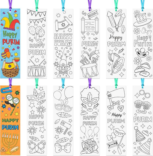 ANGOLIO Purim Color Your Own Bookmarks - 123Pcs Happy Purim Paper Bookmarks Mask Clown DIY Coloring Blank Reading Page Holder for Jewish Holiday Carnival Sunday School Classroom Party Goodie Fillers