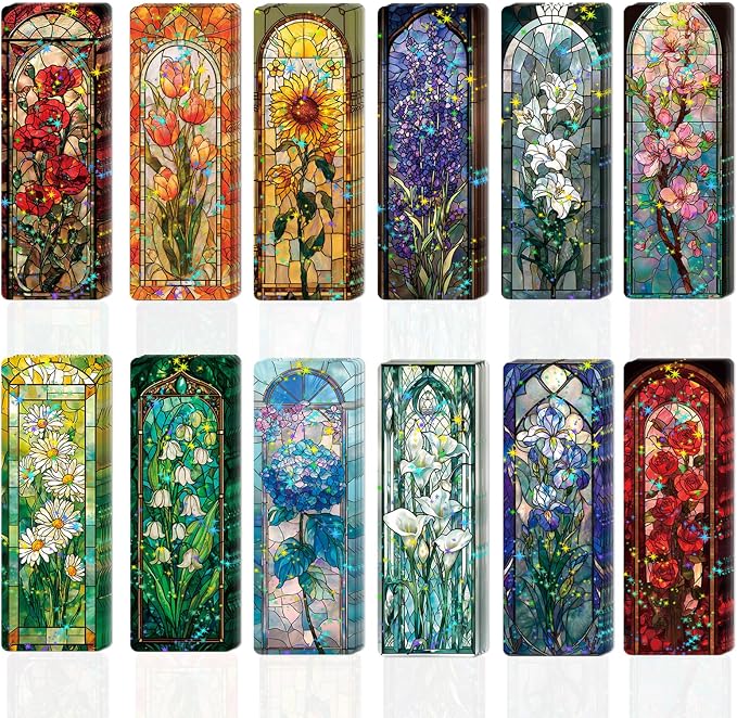 48 Pcs Stained Glass Bookmarks, Colorful Glass Flower Paper Bookmark Bulk for Women Man, Aesthetic Floral Book Mark Gift for Reading Lovers Library Accessories