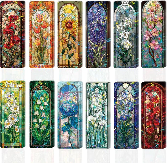 48 Pcs Stained Glass Bookmarks, Colorful Glass Flower Paper Bookmark Bulk for Women Man, Aesthetic Floral Book Mark Gift for Reading Lovers Library Accessories