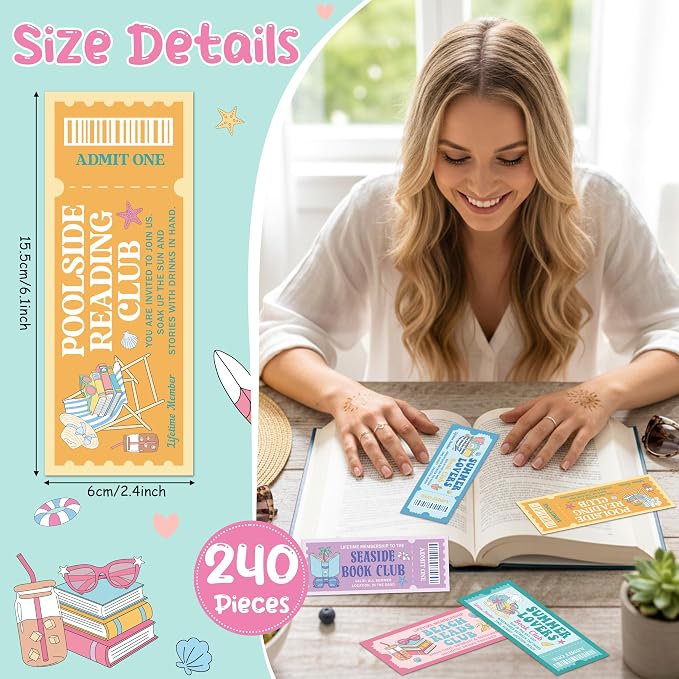 Laffact Summer Book Club Ticket Bookmarks - 240Pcs Cute Vacation Bookmarks Poolside Reading Tracker Page Marker, Readers Accessories Book Club Gifts for Book Lover Bookish Birthday Summer Party Favors