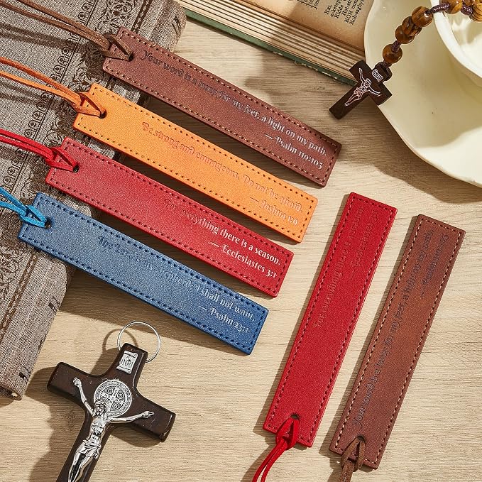 4PCS Bible Verse Bookmarks, Leather Christian Bookmark with Inspirational Scripture, Religious Gifts for Men, Bible Study Accessories