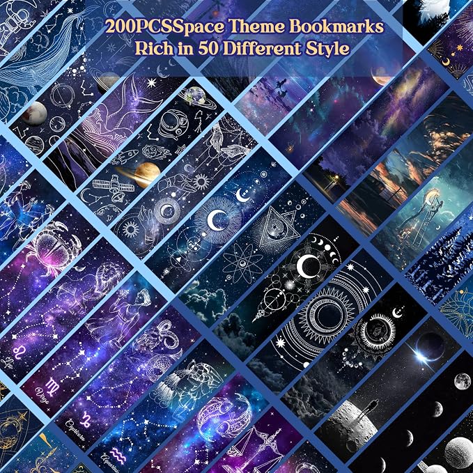 200PCS Cool Space Starry Night Bookmark for Kids Classroom 50 Designs Double-Sided Bulk Bookmarks Space Theme Book Mark for Book Lovers Students Children Rewards Gifts