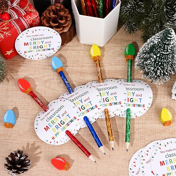96 Sets Easter Pencils with Bulb Eraser Toppers Merry Bright Cards Mini Lightbulb Erasers Multicolor Tiny Erasers for Prizes Rewards Back to School Gift