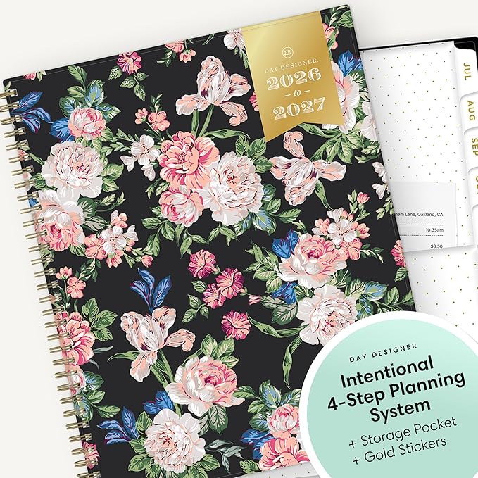 Blue Sky Day Designer 2026-2027 Weekly and Monthly Academic Year Planner Calendar, July 2026 - June 2027, 8.5" x 11", Flexible Cover, Laminated Tabs, Storage Pocket, Includes Stickers, Rose Garden