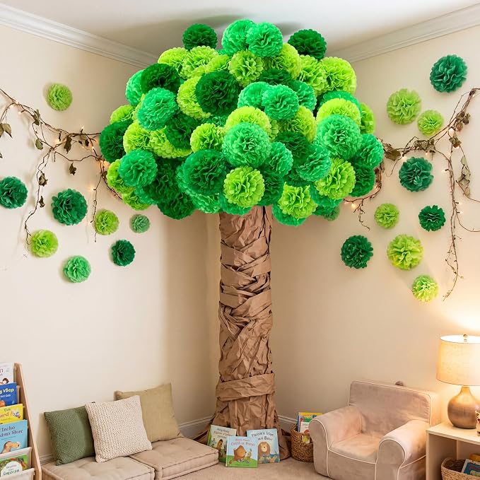 Mooliwe Classroom Tree Bulletin Board Set DIY 3D Cardboard Tree with Paper Pom Poms Kraft Craft Bulletin Board Wall 3D Decorations for School Elementary Teacher Chalkboard (Green,8, 10, 12 Inch)