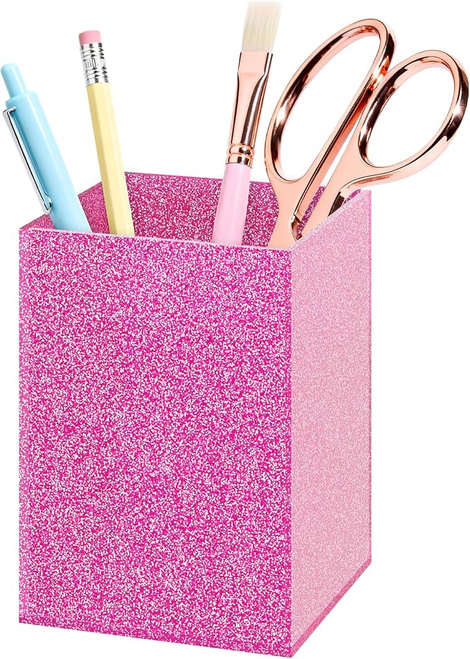Rose Pink Glitter Acrylic Pen Holder, Acrylic Makeup Brush Storage Organizer, Pencil Pen Holder for Desk, Modern Desktop Accessories for Office School Home Supplies