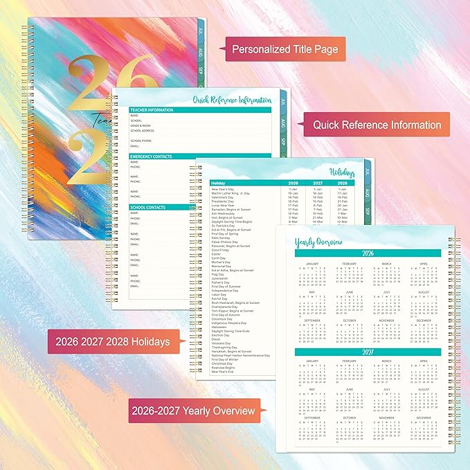 Teacher Planner 2026-2027 - 2026-2027 Weekly & Monthly Lesson Plan Book with Colorful Tabs, July 2026 - June 2027, 9" x 11", Academic Planner 2026-2027 with Twin-Wire Binding for Teachers - Watercolor